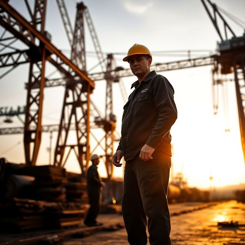 Muncitori în șantierul naval din Galați, cu macarale și structuri metalice în fundal, lumină caldă de după-amiază